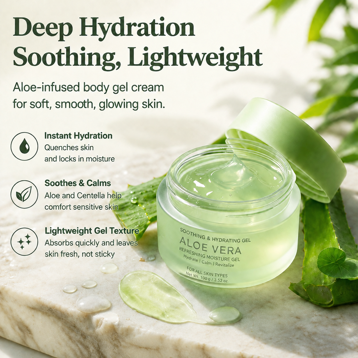 Aloe Vera Hydrating Body Gel Cream, Lightweight Soothing Moisturizer for All Skin Types