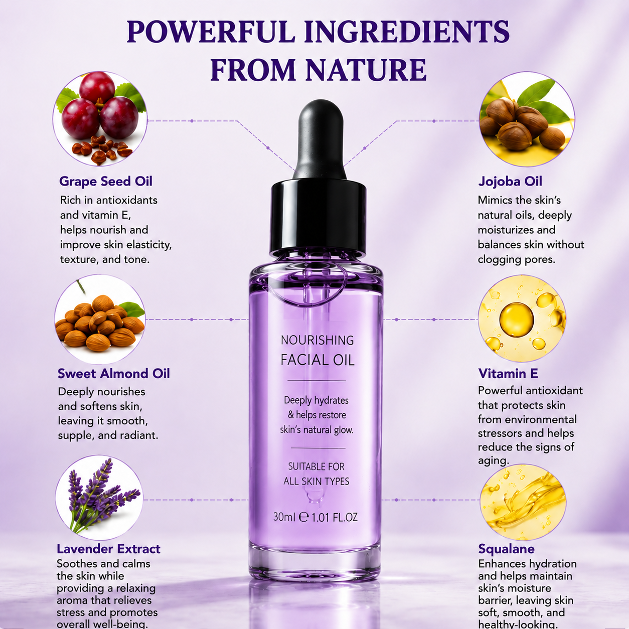 Grape Seed Glow Body Oil, Lavender & Jojoba Hydrating Moisturizer for All Skin Types