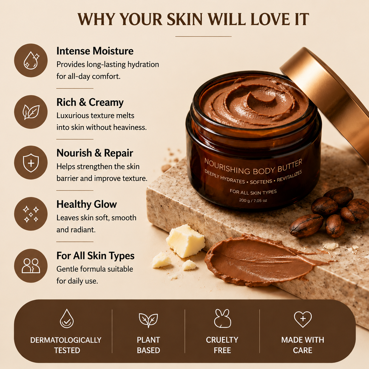 Cocoa Butter Deep Nourishing Body Cream, Shea Butter & Almond Oil Moisturizer