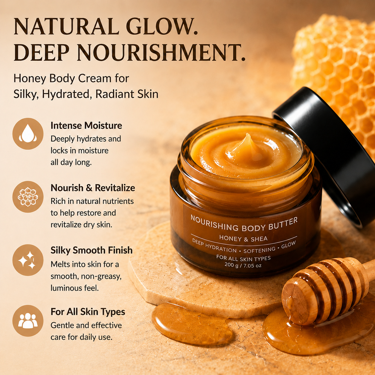 Natural Honey Glow Body Lotion, Vitamin E & Coconut Oil Skin Barrier Repair Cream