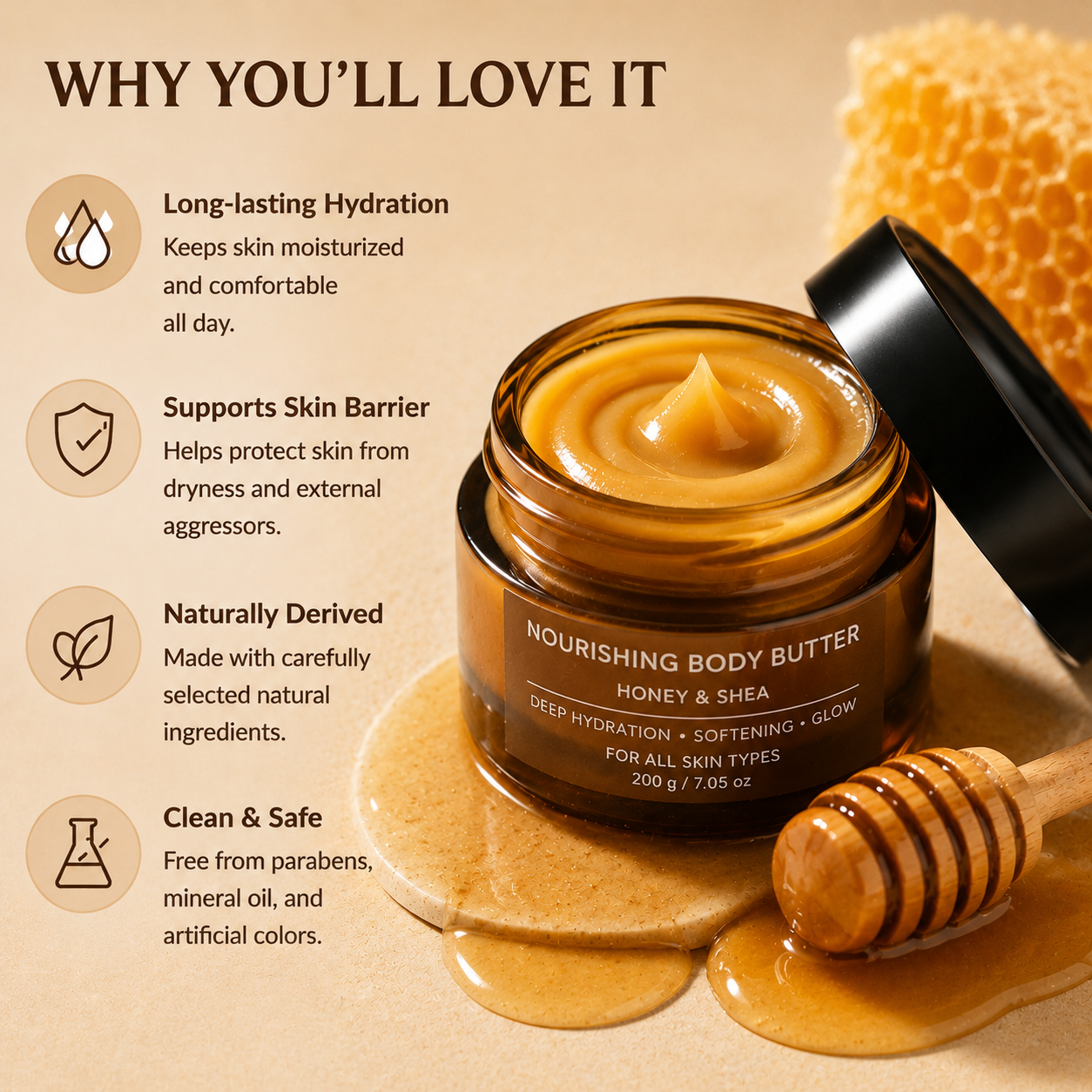 Natural Honey Glow Body Lotion, Vitamin E & Coconut Oil Skin Barrier Repair Cream